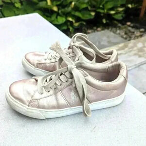 Girls Polo Ralph Lauren Sayer Logo Embroidered Leather Sneaker Mettalic- size 4